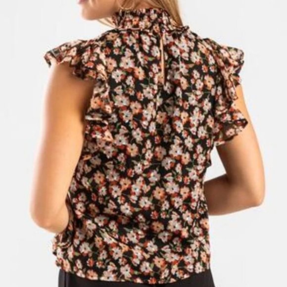 Francesca's Floral Smock Neck Flutter Sleeve Blouse Black/Red - Picture 4 of 11